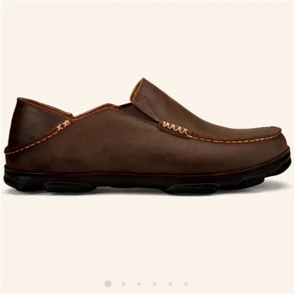 OluKai Moloa Slip On Loafers Mens 14 Dark Wood Brown Good Leather Drop In Heel